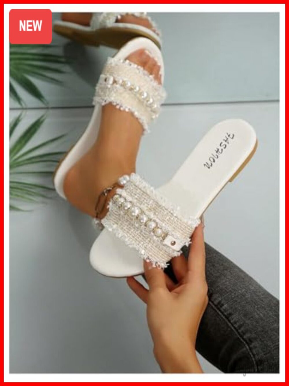Pearls Slide Sandals Flat Open Toe Slip On Casual Summer Shoes